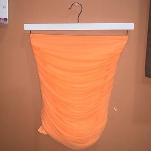 Orange Mesh Ruched Mini Skirt